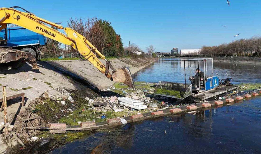Kocaeli’de Kumla Deresi’nde biriken tortu ve katı atıklar, amfibi araçlarla