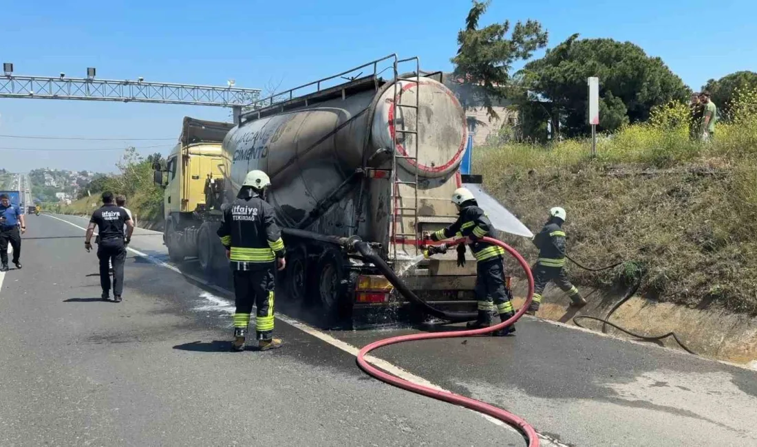 Tekirdağ-İstanbul Karayolu’nda seyir halindeki beton yüklü kamyonun lastik kısmında çıkan