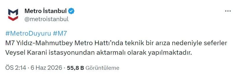M7 Yıldız-Mahmutbey Metro Hattı’nda yaşanan teknik arıza nedeniyle bazı yolcular