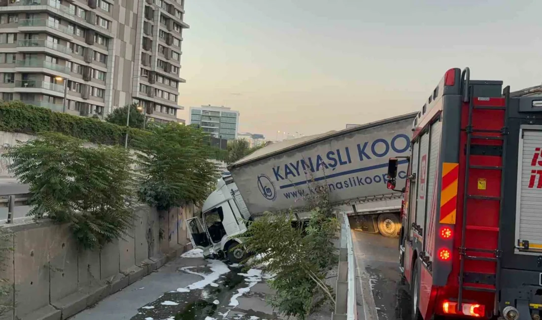 Esenler’de seyir halinde ilerleyen tır, direksiyon hakimiyetini kaybederek yol kenarında