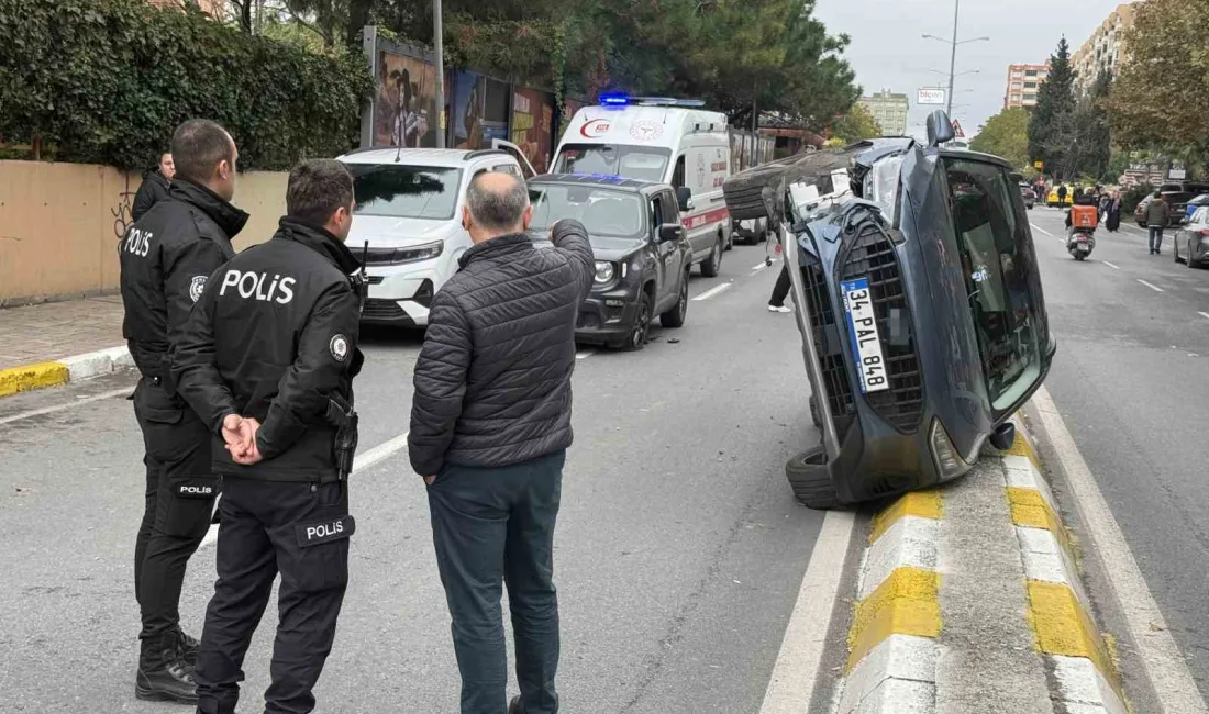 Beylikdüzü’nde cadde üzerinde iki aracın çarpışması sonucu bir araç yan