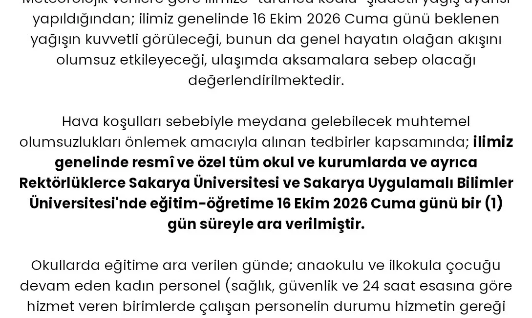 Meteoroloji Genel Müdürlüğünün Sakarya için yaptığı turuncu kodlu şiddetli yağış